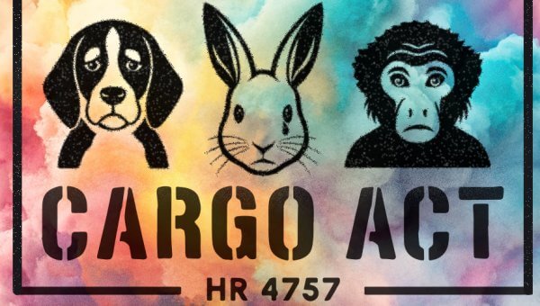 Dog, rabbit, and monkey stamp with words "CARGO ACT, HR 4757" with colorful background