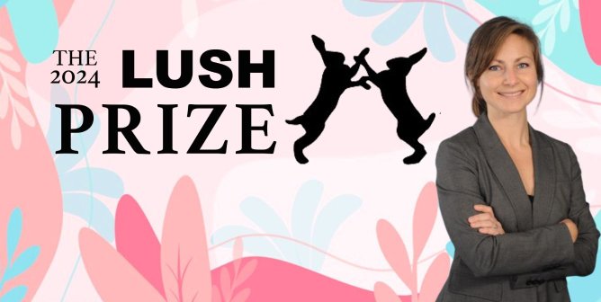 Dr. Emily T next to text that says "the 2024 Lush Prize" with two rabbits dancing. The background is pink and blue botanical