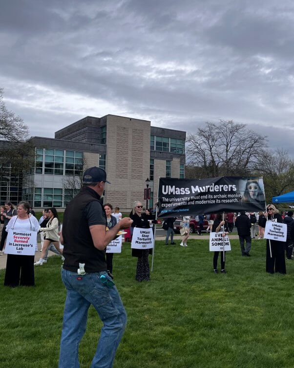 Demonstrators holding signs and banners