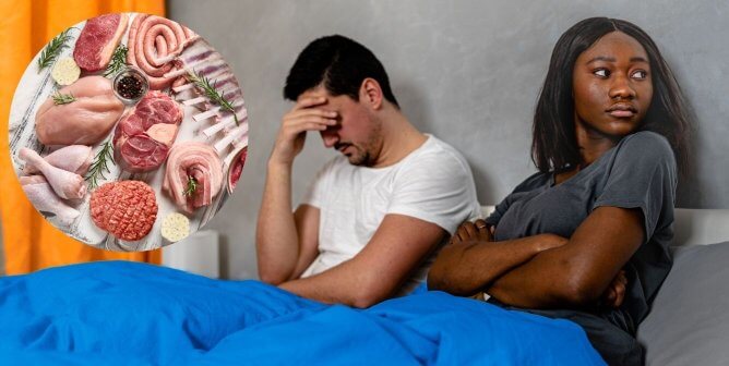 A couple in a fight next to a circle of raw meat
