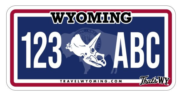 wyoming license plate mock up with a dinosaur skeleton