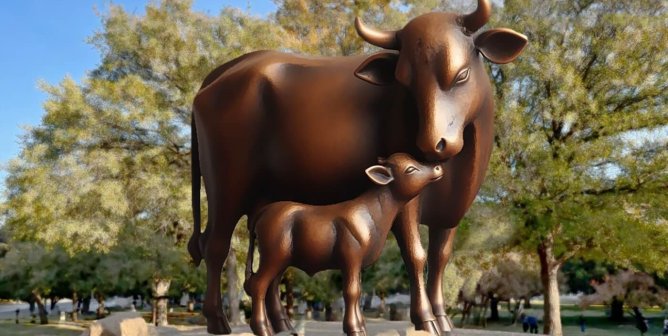 photorealistic illustration of bronze statue of mother cow nuzzling her calf, standing on rocks. engraved text on the base reads "meat and dairy drive us all to our deaths. go vegan"