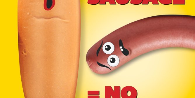 Sausage Party spoof ad for Foodtopia that says "All Sausage = No Party"