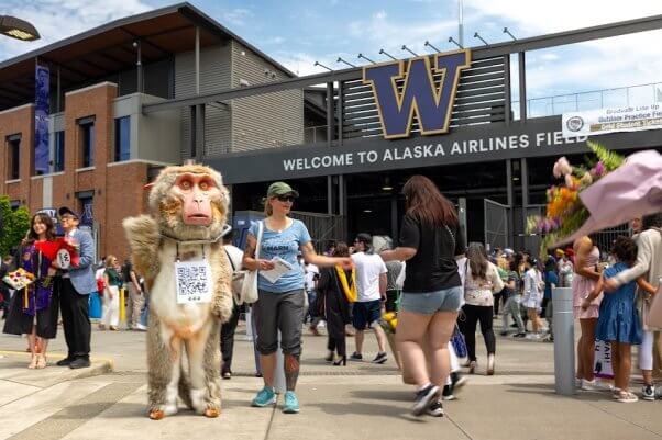 Demonstrators leafletting. One is wearing a monkey mascot costume