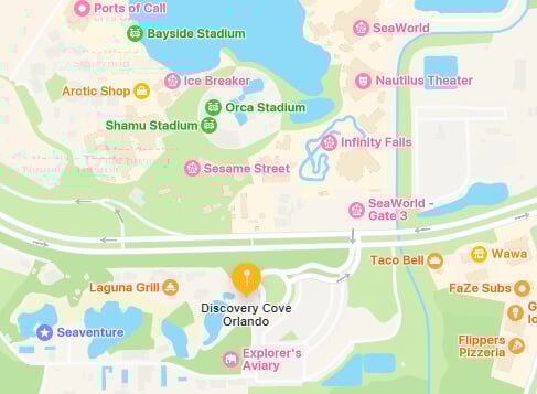 apple maps screenshot showing discovery cove across the street from seaworld.