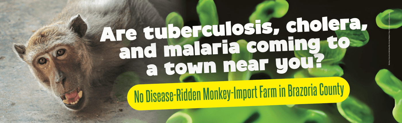 ad with "virus" next to a monkey that says "are tuberculosis, cholera, and malaria coming to a town near you?"