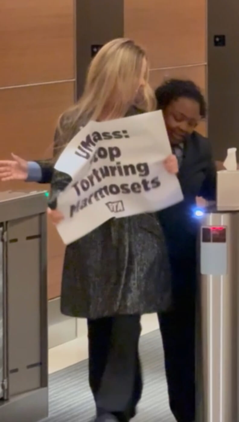 Demonstrator holding a sign with text reading UMass: Stop Torturing Marmosets