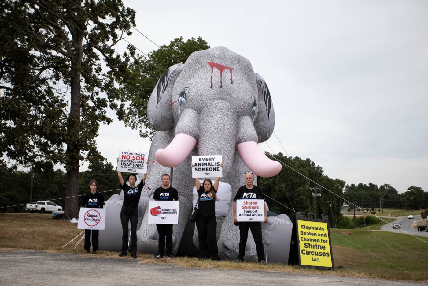 giant inflatable "elephant" next to protestors