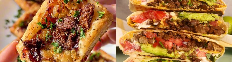 Two photos featuring Beyond Meat steak tips being used in wraps and burritos