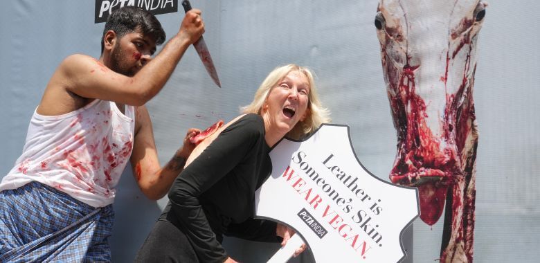 Ingrid Newkirk being 'cut' open in a demonstration