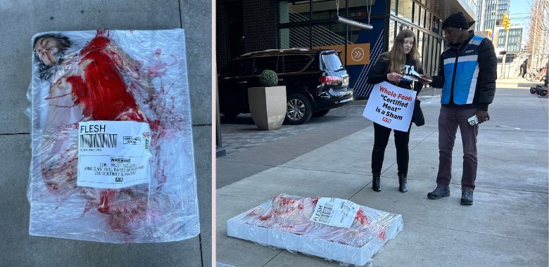 Collage with two photos, the one on the left showing a man 'shrink wrapped' as human meat, and the other a demonstrator leafleting to a passerby