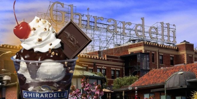 Ghirardelli sign and image of vegan ice cream sundae