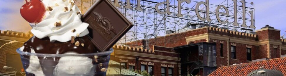Ghirardelli sign and image of vegan ice cream sundae