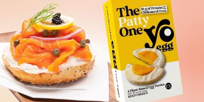 Vegan smoked salmon on a bagel and a package of yo egg patty