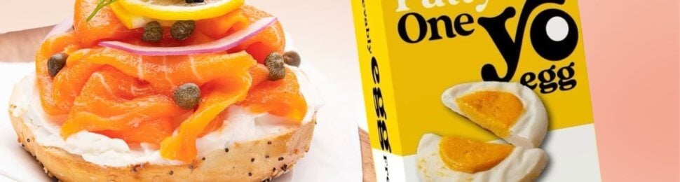 Vegan smoked salmon on a bagel and a package of yo egg patty