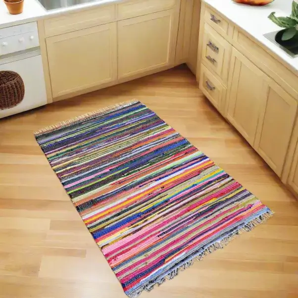 multicolored kilim rug in kitchen