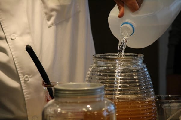 a cook prepares kombucha by combining ingredients like water, tea, and sugar