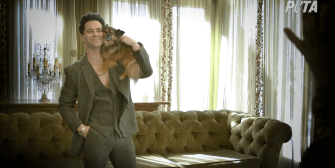 sasha farber with dog ruby on his shoulder in adoption campaign