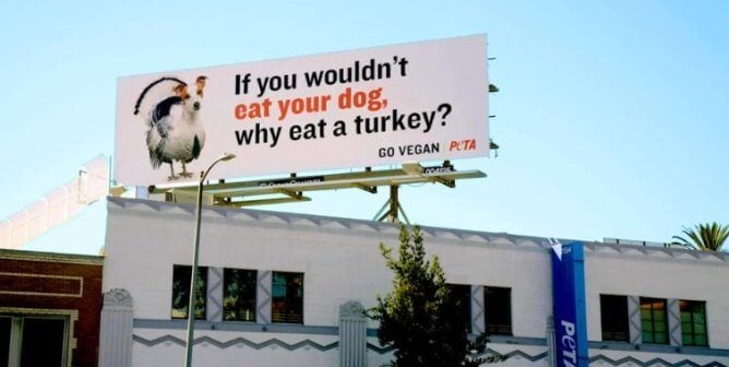 A photo of a billboard featuring a mock image of a dog's head on a turkey's body