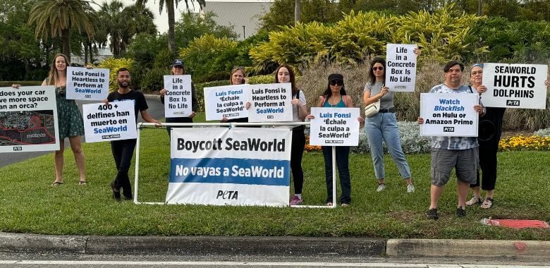 People holding signs at SeaWorld