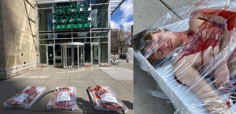 A row of trays of 'human meat' in front of Whole Foods