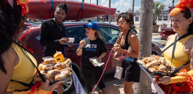 Demonstrators handing out vegan egg sandwiches