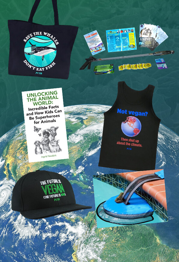 Earth Day items superimposed atop a photo of the planet