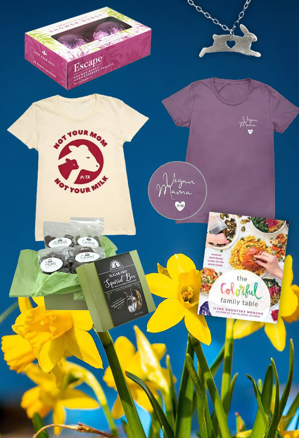 Various products from the PETA Shop themed for Mother's Day