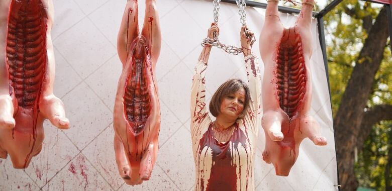 Poorva hanging from a 'meat' hook