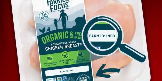 Farmer Focus packaging set against a red background. A magnifying glass zooms in on the 'Farm ID'