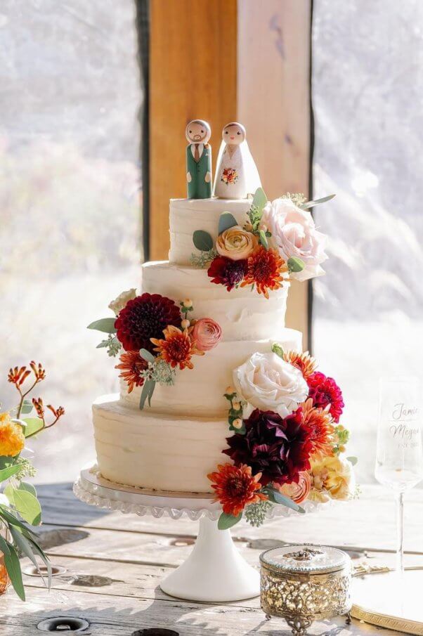A white wedding cake adorned with flowers