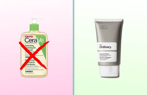 Cerave cleanser with an X over it next to Ordinary squalene cleanser