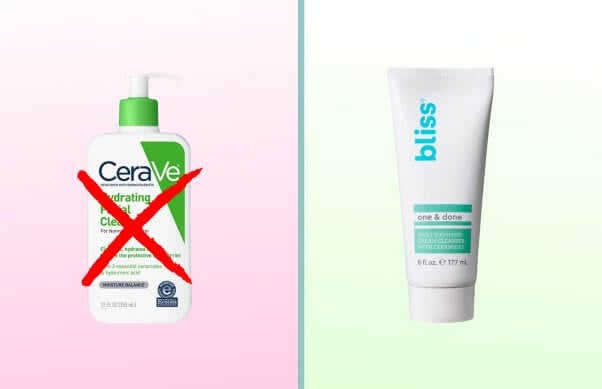 Cerave cleanser next to Bliss cleanser
