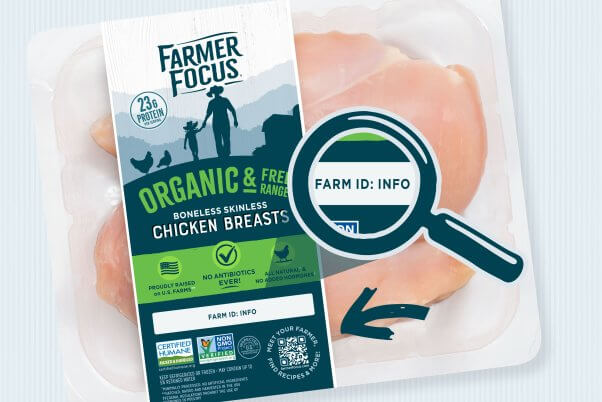 A package of chicken flesh with Farmer Focus label