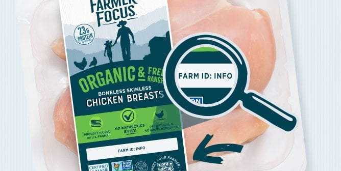 A package of chicken flesh with Farmer Focus label