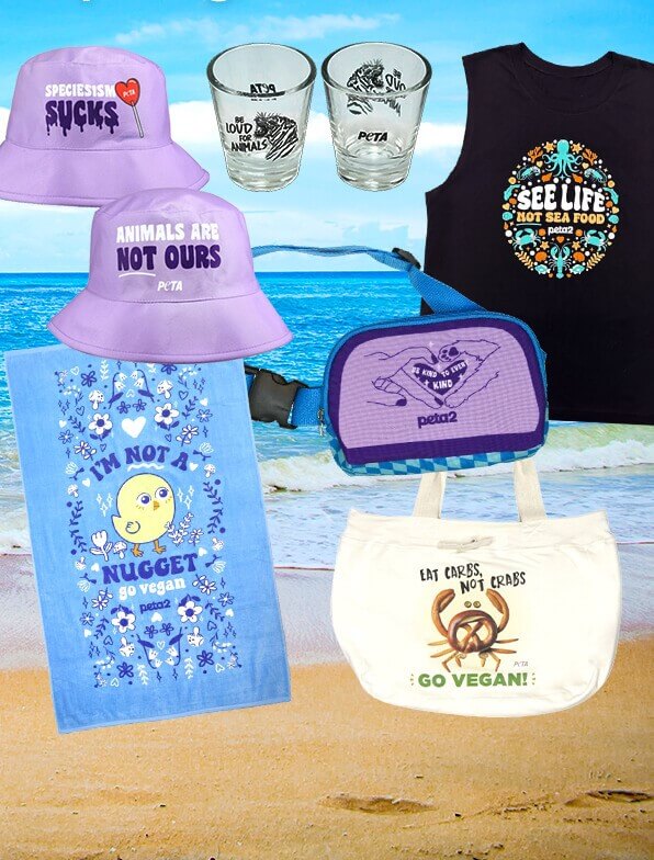 PETA Shop products over a beach background