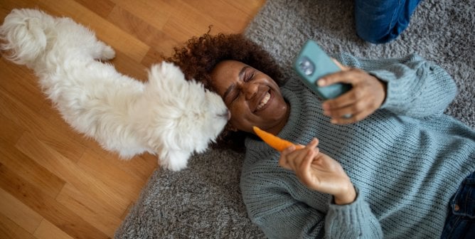 Woman on phone feeding cute white dog a carrot