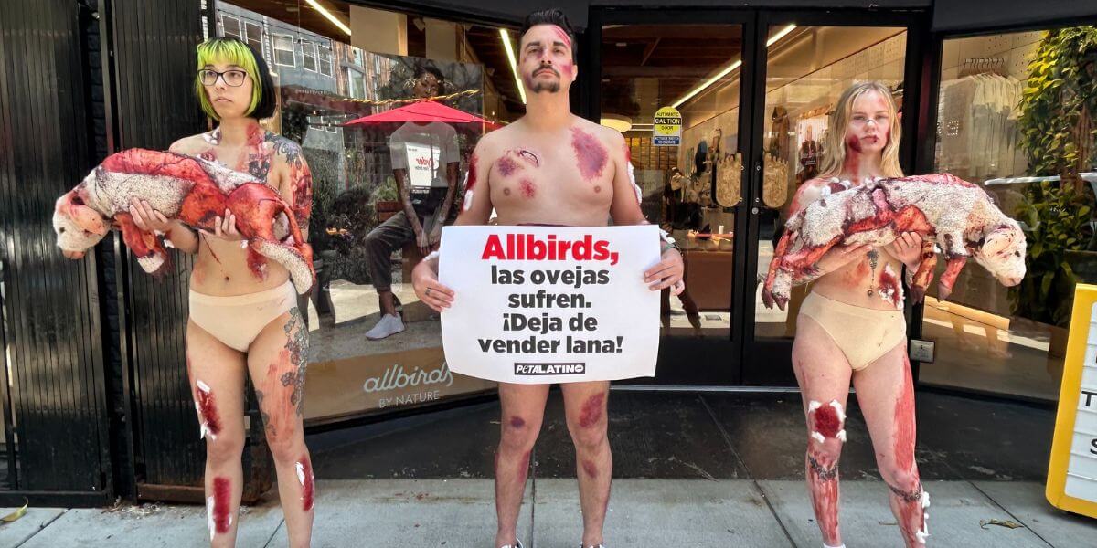 Three nearly nude demonstrators covered in blood and holding prop 'sheep;