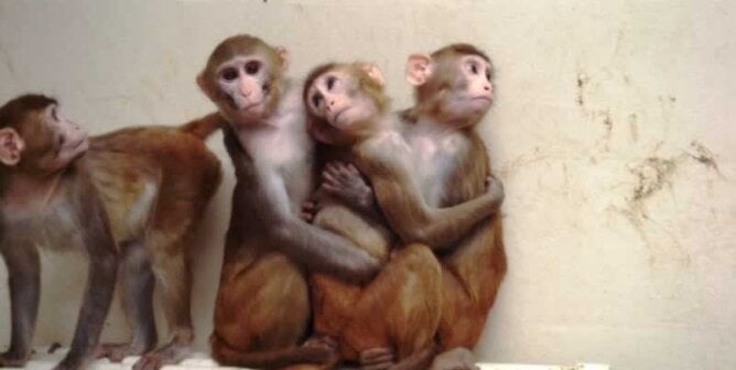 Four macaques huddled together