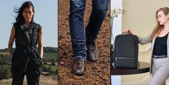 a collage of vegan work attire from various brands