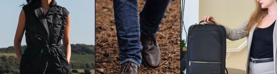 a collage of vegan work attire from various brands