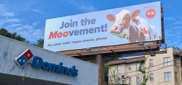 A billboard next to a Domino's location. The billboard has a photo of a cow and text reading 'Join the Moomvement! For cows' sake: vegan cheese, please!'