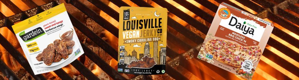 Various BBQ products overlaid on a photo of a grill