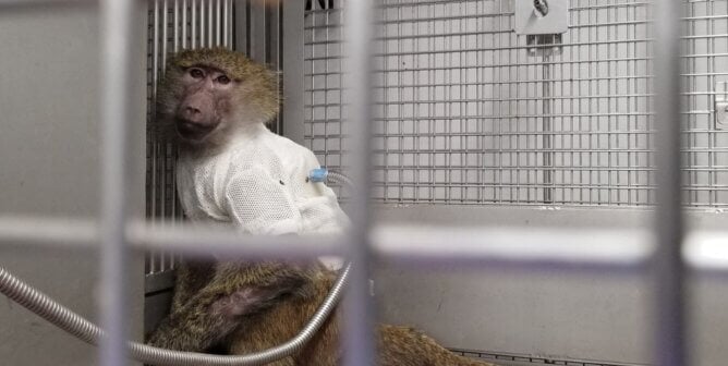A baboon looking at the camera from a cage