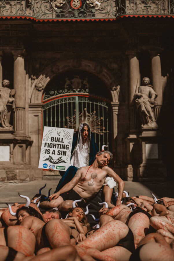 Pieta tableau in protest of Pamplona Running of the Bulls