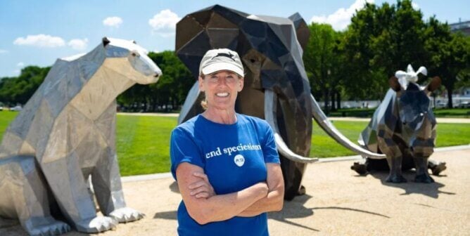 Tracy in front of the Council of Animals exhibit