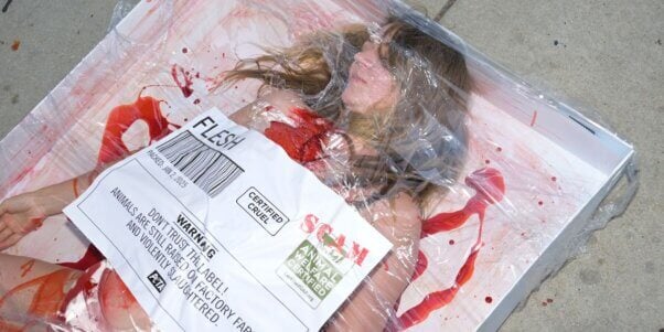 A person 'shrinkwrapped' in a 'meat tray'