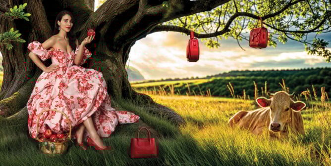 PSA featuring Caylee in a red and white dress holding an apple. The text reads 'Redefine Leather: Pick Apple or Other Vegan Leather'