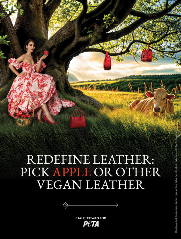 Full page ad featuring Caylee in a red and white dress holding an apple. The text reads 'Redefine Leather: Pick Apple or Other Vegan Leather'