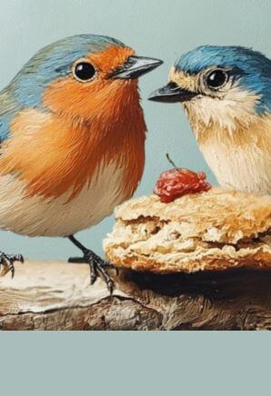 Illustration of two birds sharing a scone